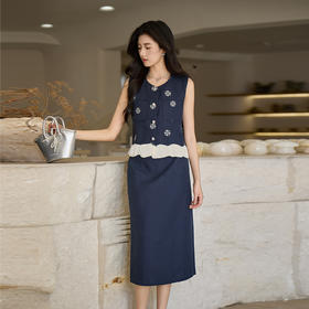 奢姿大码女装2025秋季时尚藏青钉珠荷叶边马甲套装气质优雅两件套9953994341A