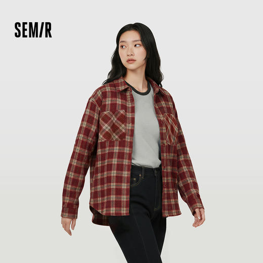 森马长袖衬衫女春季中长款oversize翻领落肩格纹上衣女生复古衬衣 商品图1