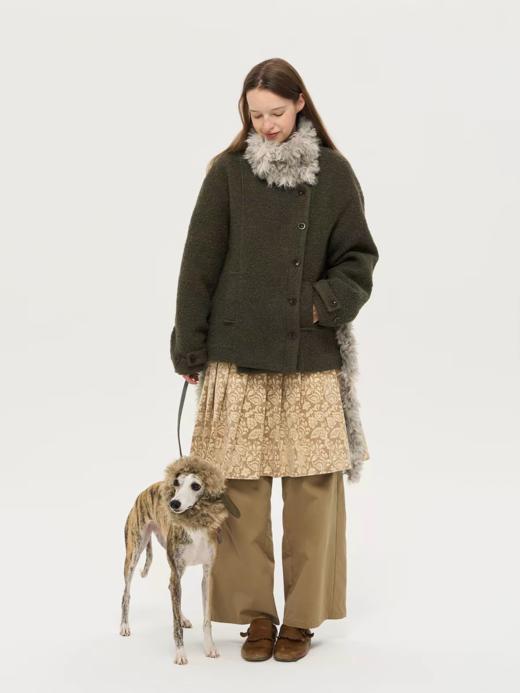 local tag/lt25awk48/冬季西普 慕斯毛领夹棉温暖苔绿含羊毛呢大衣外套 商品图4