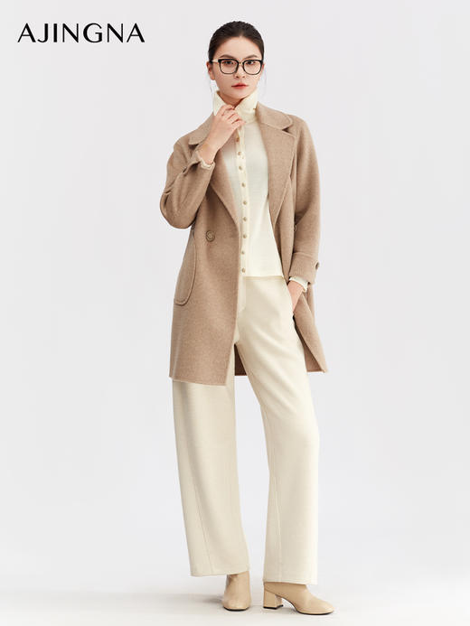 【商场同款】阿菁娜冬季新款经典双排扣大衣宽松中长款弧形贴袋设计A30D511101 商品图3