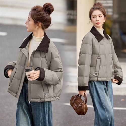 HR JYJ25153休闲风白鸭绒灯芯绒翻领短款轻薄羽绒服 商品图3