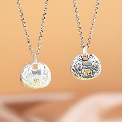 【牡丹芳辰;】足银999银锁小胖福双面牡丹项链吊坠【SCH-DIY10339-2.5】 商品图1