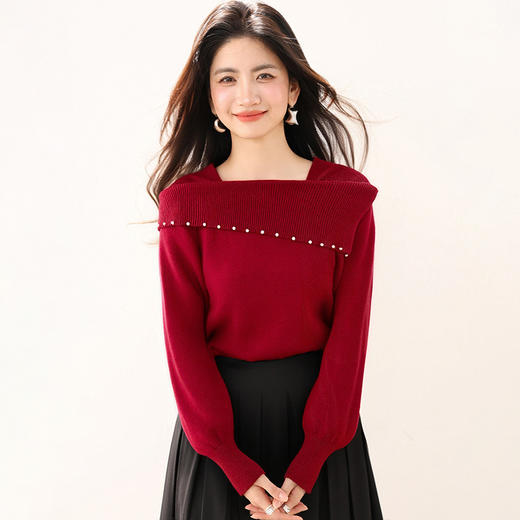 西遇红色毛衣女2025年冬季新款方巾领洋气减龄打底针织衫SS060013 商品图3