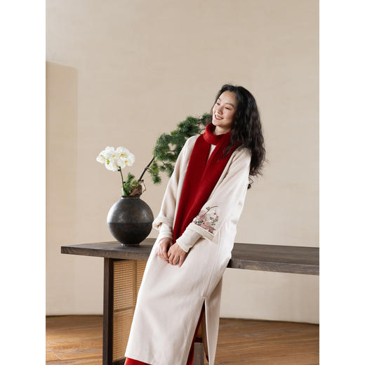 牧衣游原创 手工刺绣毛呢连衣裙红色保暖宽松气质中式风长裙 喜树 商品图2