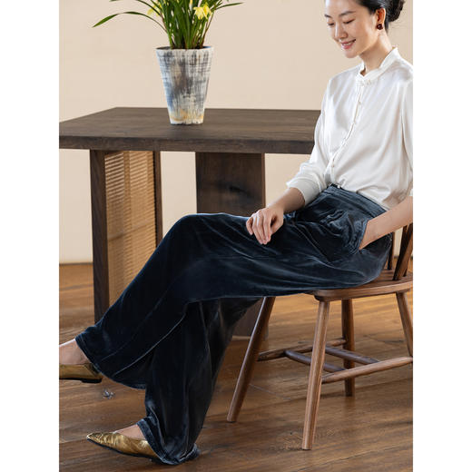 牧衣游原创 丝绒净色休闲长裤新款垂感显瘦蓝色宽松百搭裤子 今喜 商品图2