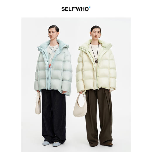 SELFWHO90白鹅绒撞色羽绒服女2025冬新款保暖防风中长款宽松外套 商品图1