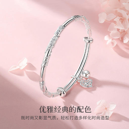 Winy 足银 999.9 恋心叶客行手镯  爱心铃铛银镯 带证书纯银镯子送礼 商品图2