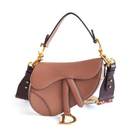 【95新】Dior迪奥Saddle小号豆沙色全皮重工宽肩带马鞍包手提单肩包女士 071225NJS08