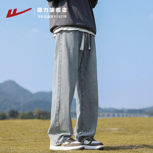 回力牛仔裤男士2025秋季新款美式高街加绒阔腿黑色宽松直筒长裤子 商品图2