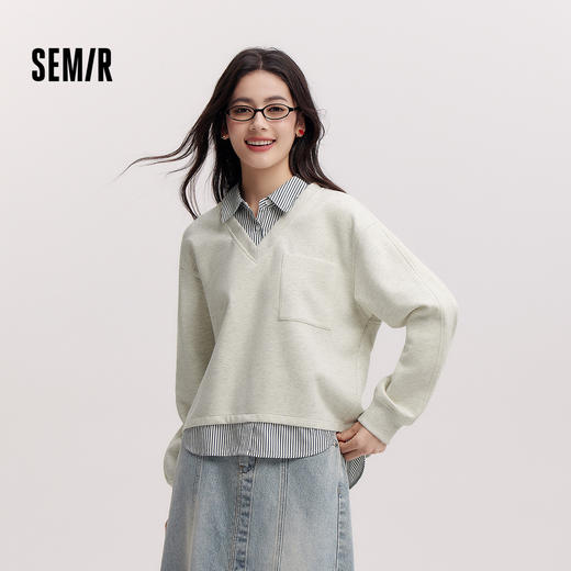 森柔|森马卫衣女春季短款假两件条纹宽松翻领开叉设计感气质衣服 商品图1