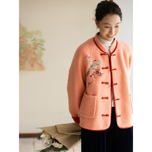 牧衣游原创 刺绣进口羊毛混纺羊羔毛毛呢外套新中式红色新年 风雲 商品图3