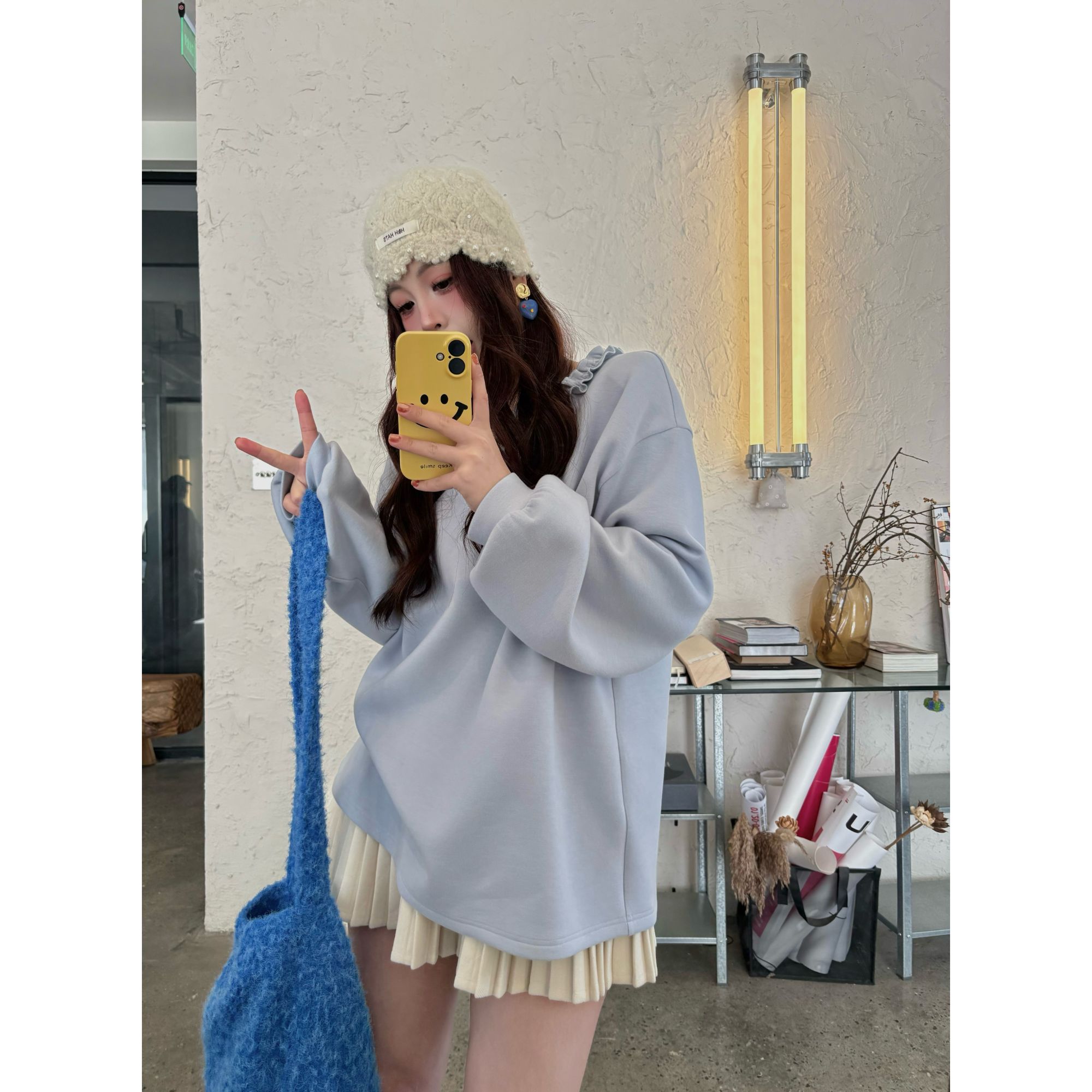 25AW上新 甜甜同款【心跳轨迹】时尚减龄木耳边V领宽松加厚长袖上衣