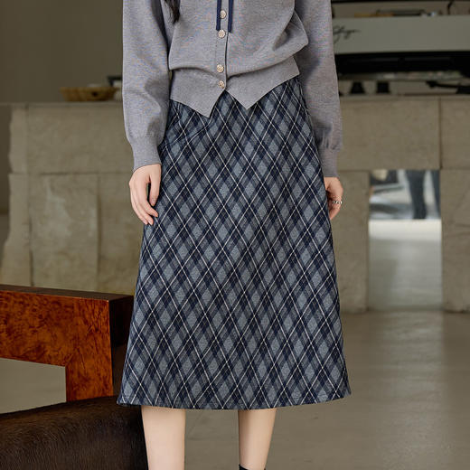 奢姿大码女装复古格纹半身裙胖妹妹高腰遮胯中长款A字裙秋冬伞裙9954453874B 商品图1