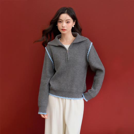 西遇撞色花边半拉链套头毛衣女冬季新款韩系慵懒风百搭上衣V4255443 商品图0