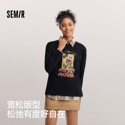森马迪士尼合作系列长袖T恤女春季中长款米奇宽松落肩复古风上衣 商品图1
