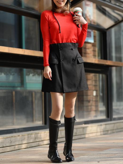 TYNVIE 黑色双排扣高腰羊毛A字裙 商品图11