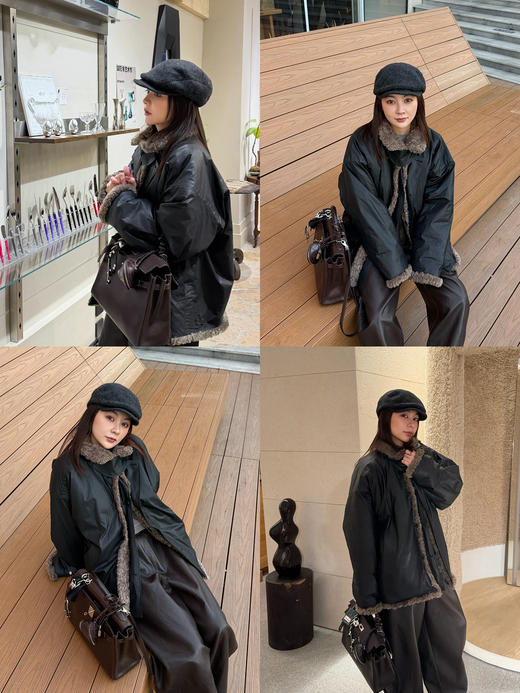 HIDEMI 双面两穿立领圈圈绒拼接复古做旧感加厚毛毛大衣外套 炭灰咖色 商品图6