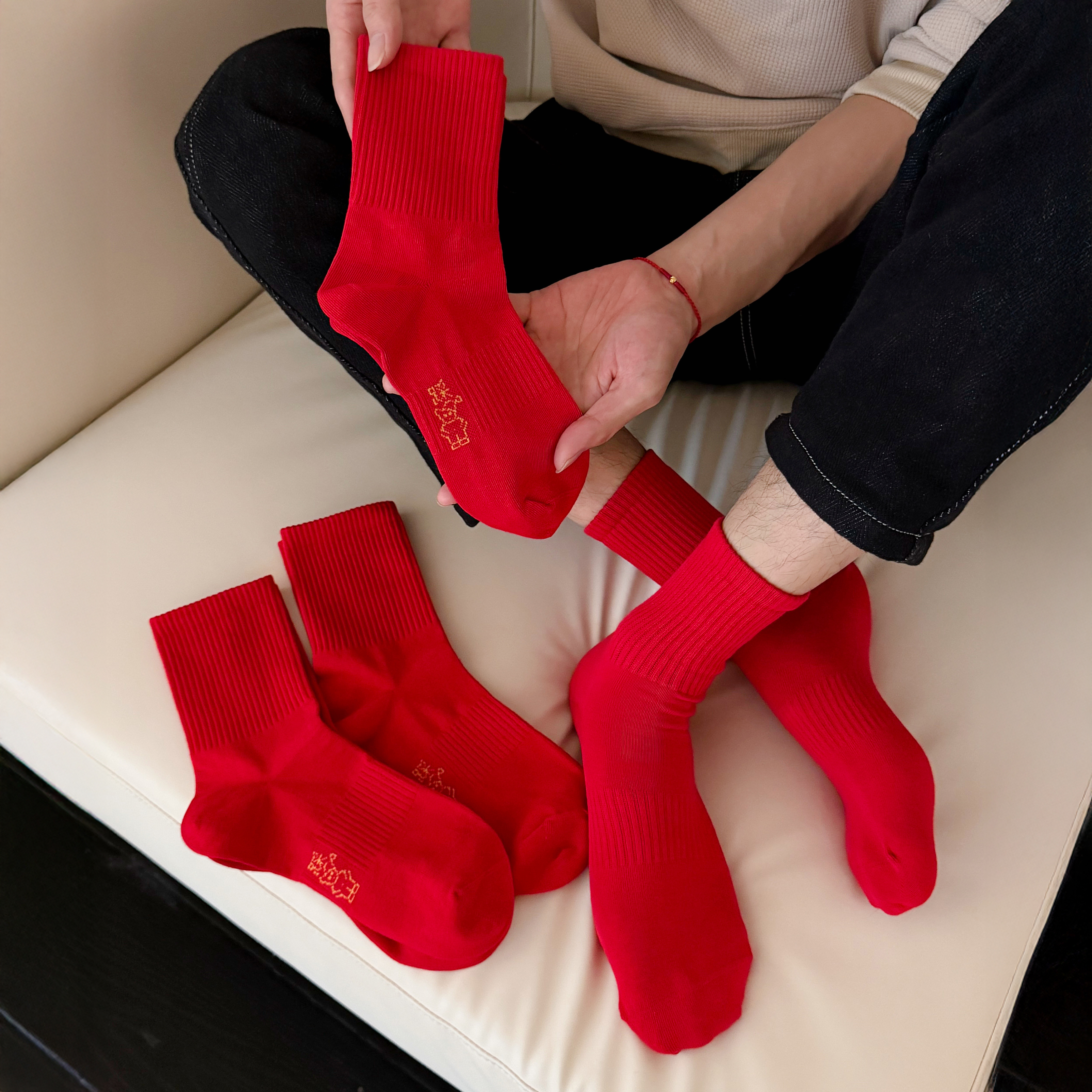 袜尖尖 新年小红袜 男士/女士/儿童 不勒脚不脱落 柔软舒适