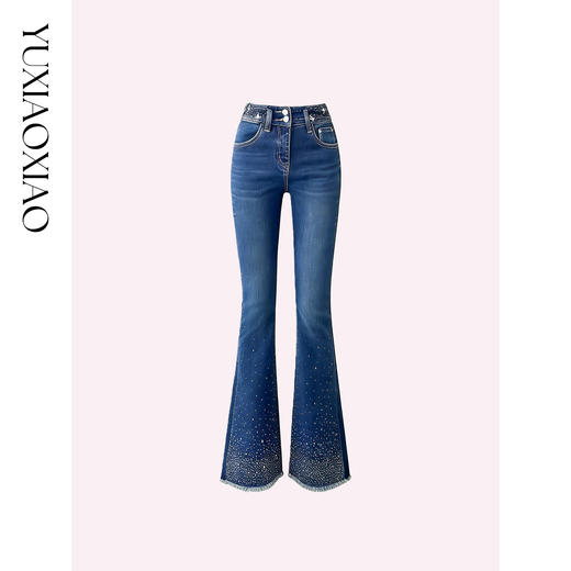 余潇潇【步步星光】高级裤脚毛边精致烫钻微喇弹力薄绒牛仔裤 商品图3