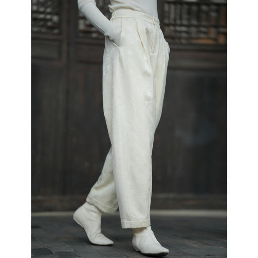 OPH XZ683高级感重工醋酸提花夹棉保暖阔腿裤中式高腰休闲裤棉裤 商品图1