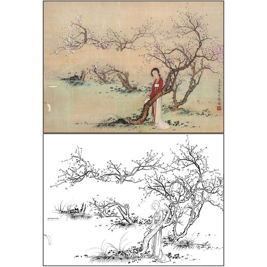 陈少梅山水人物仕女工笔画白描底稿《探梅图》临摹勾线高清打印稿SM50 商品图0
