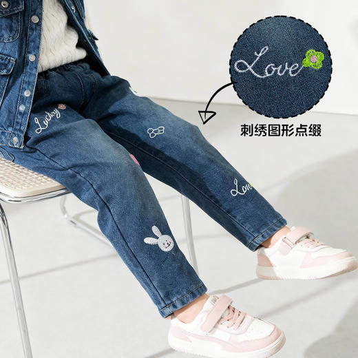 贝贝怡童装儿童加绒牛仔裤女童加厚直筒裤保暖休闲秋冬洋气长裤子ZB4EK053 商品图2