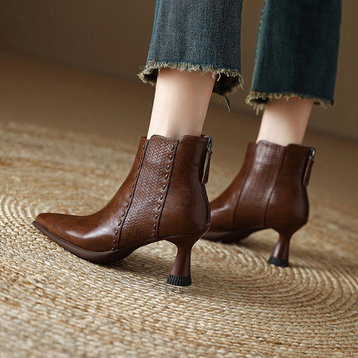 【预售5天】优雅复古羊皮踝靴秋冬新款高跟OL尖头真皮短靴女MLJ&C51 商品图2