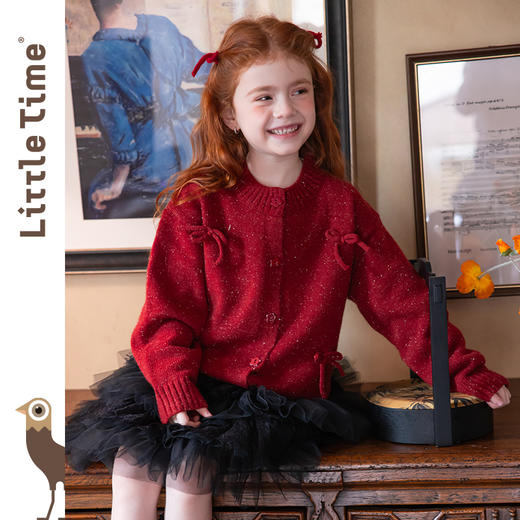 littletime女童开衫2025秋冬新款蝴蝶结针织红色新年红毛衣外套 商品图0
