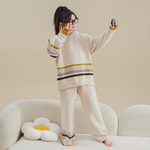 睡衣针织外穿家居服软绵绵女童半边绒秋冬季新款条纹加绒连帽 商品图3