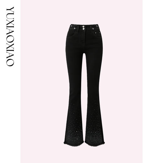 余潇潇【步步星光】高级裤脚毛边精致烫钻微喇弹力薄绒牛仔裤 商品图4