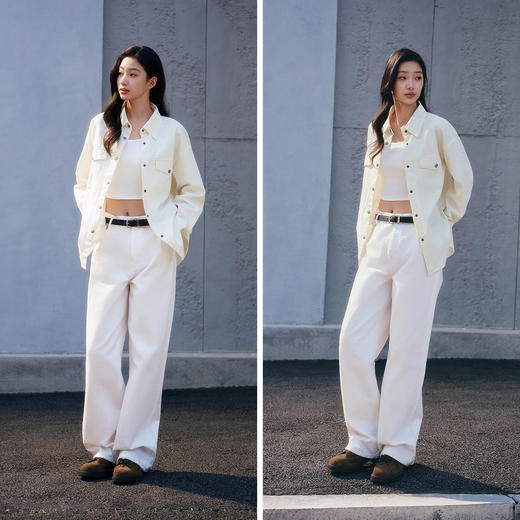 森马长袖衬衫女春中长款菱形格纯棉oversize白色提花肌理通勤衬衣 商品图4