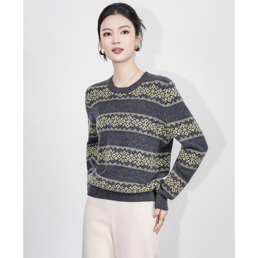 「高货wl」全新升级【铂金会员192/天猫259/差价67】(01648)洛诗琳气质羊毛混纺密织毛衣2025秋冬圆领宽松提花毛衣女 商品图2