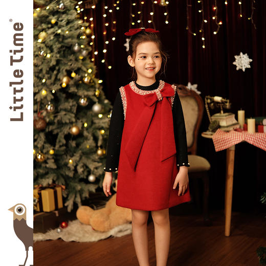 littletime儿童秋冬毛呢背心裙红色礼服裙年服女童小香风连衣裙 商品图2