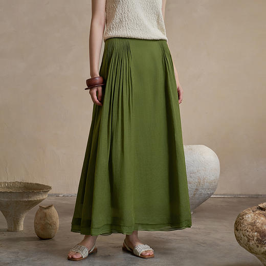 【林栖设计小店】山谷绿意|苎麻半身裙褶皱真丝新中式2026早春新款长裙女1961161 商品图0