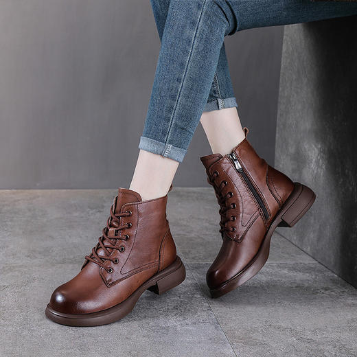 YR 2976马丁靴单靴粗跟真皮妈妈短靴平跟棉靴 商品图4