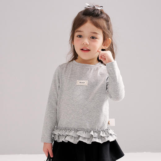 笛莎Deesha 2026春季女童甜美设计感拼接木耳边长袖T恤 商品图0