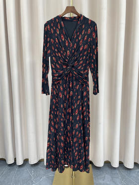 「断码清仓」长袖扭结收腰羊毛印花连衣裙 M码 ZFYY135