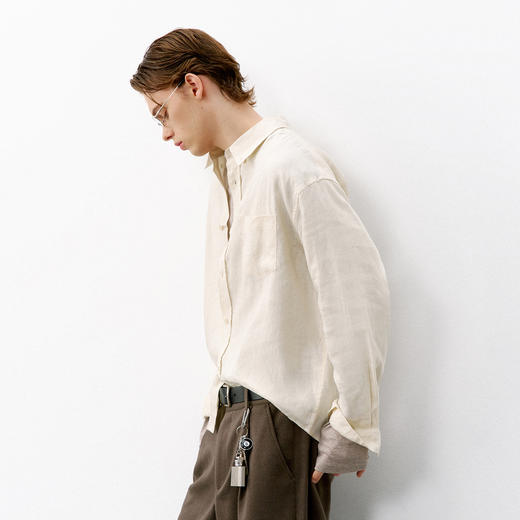 714street老钱风100%亚麻长袖衬衫男款2026春季宽松落肩休闲衬衣 商品图2
