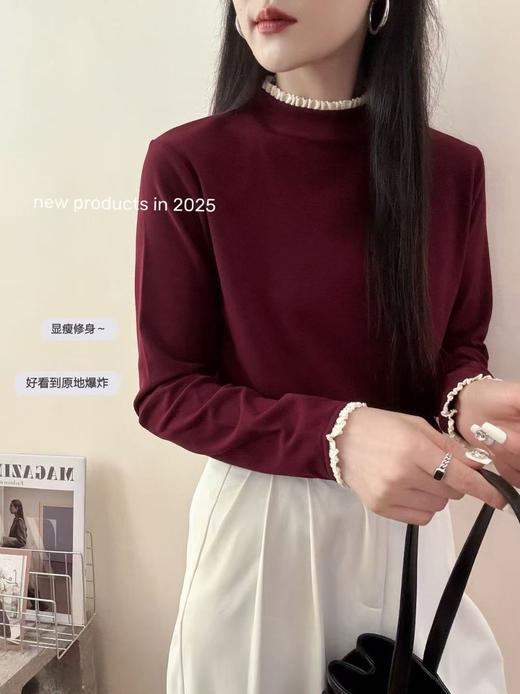 【YW】无忧购韩系ins温柔百搭半高领蕾丝花边双面磨毛内搭打底衫9001（截单后3-5天发货) 商品图3