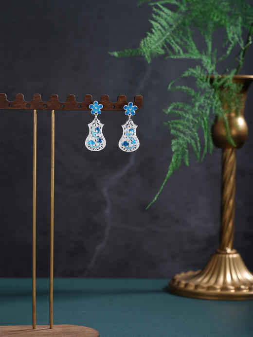 子佩集【花映云裳】银S990耳钉【QFES049】旗袍花丝珐琅彩原创作品 商品图5