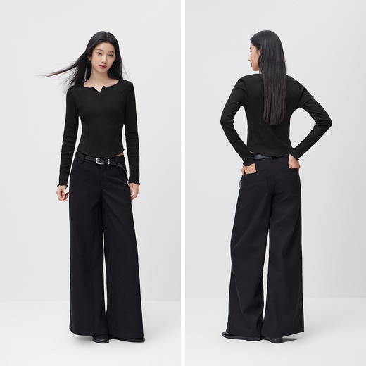 森马长袖T恤女春季短款纯色正肩木耳边花边内搭分割紧身显瘦上衣 商品图4