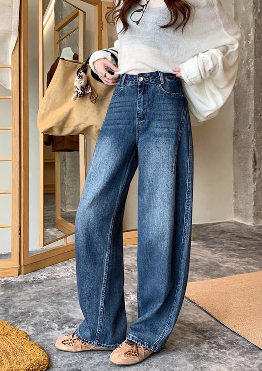 爆款3-5天发货！cosAcosB冬季加绒加厚后口袋显腿长弯刀阔腿牛仔裤68907 商品图0