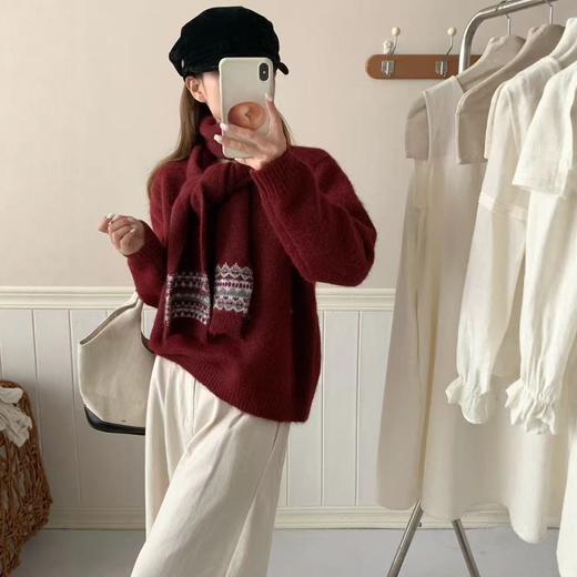 【YW】无忧购带围脖费尔岛提花针织毛衣女宽松套头民族风毛衣女（截单后3-5天发货） 商品图0