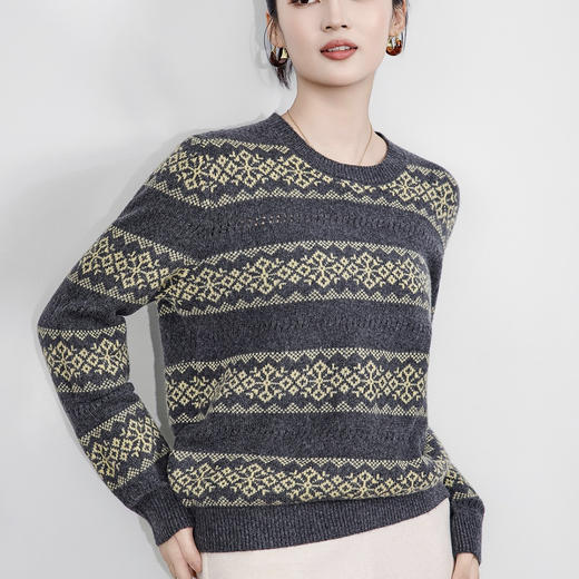 「高货wl」全新升级【铂金会员192/天猫259/差价67】(01648)洛诗琳气质羊毛混纺密织毛衣2025秋冬圆领宽松提花毛衣女 商品图1