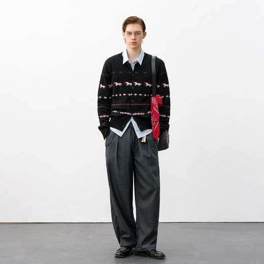 714street马年提花羊毛混纺毛衣开衫男2026春季新款红色针织衫女 商品图4