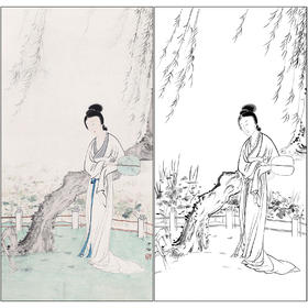 陈少梅人物仕女工笔画白描底稿《纨扇仕女图》临摹勾线高清打印稿SM64