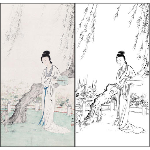 陈少梅人物仕女工笔画白描底稿《纨扇仕女图》临摹勾线高清打印稿SM64 商品图0