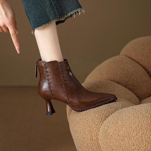 【预售5天】优雅复古羊皮踝靴秋冬新款高跟OL尖头真皮短靴女MLJ&C51 商品图4