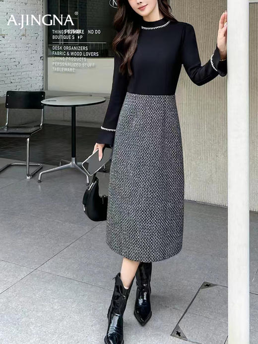 【法式钉珠】阿菁娜冬季新款法式钉珠连衣裙喇叭袖撞色拼接设计F30D212005 商品图0