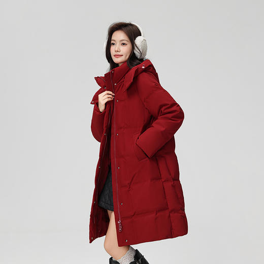 【多重防风】个调 2025冬季新款时尚简约宽松连帽可拆卸鸭绒中长款羽绒服8826 155-170卡其色/红色/粉色 商品图8